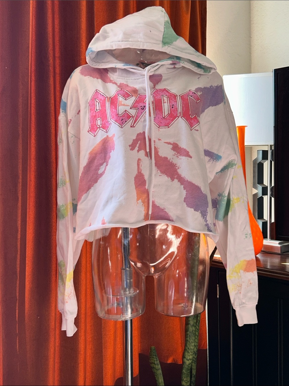 AC/DC White Cropped Tie-Dye Hoodie with Pink Logo